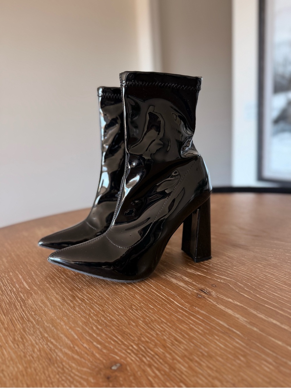 Black Pointed Toe Block Heel Ankle Boots